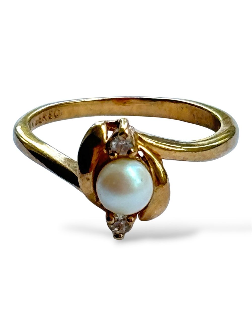 18K GERSC Gold Electroplated Pearl Rhinestone Swirl Cocktail Ring Size 7